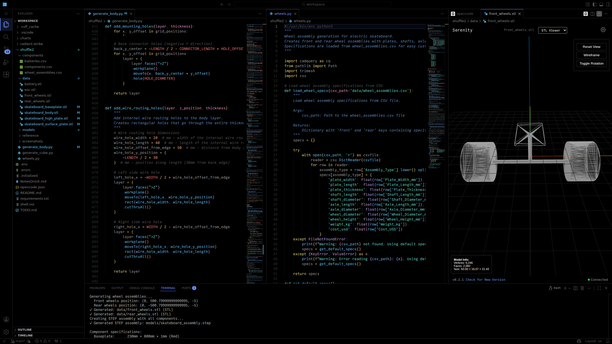 Code editor showing Python CADQuery script alongside real-time 3D model preview for 3D printing workflow